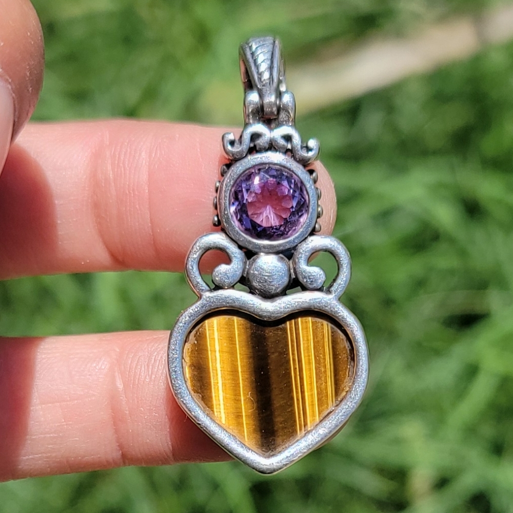Vintage Flli Menegatti 925 14K Italian designer RARE HTF amethyst heart tiger ey